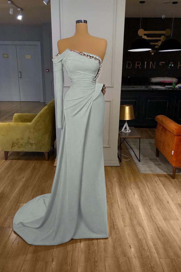 Long Sleeves Strapless Orange Sequined Long Prom Dress