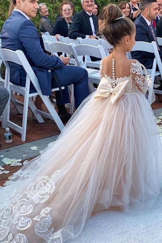 Long Sleeves Tulle Appliques A Line Flower Girl Dress with Bowknot