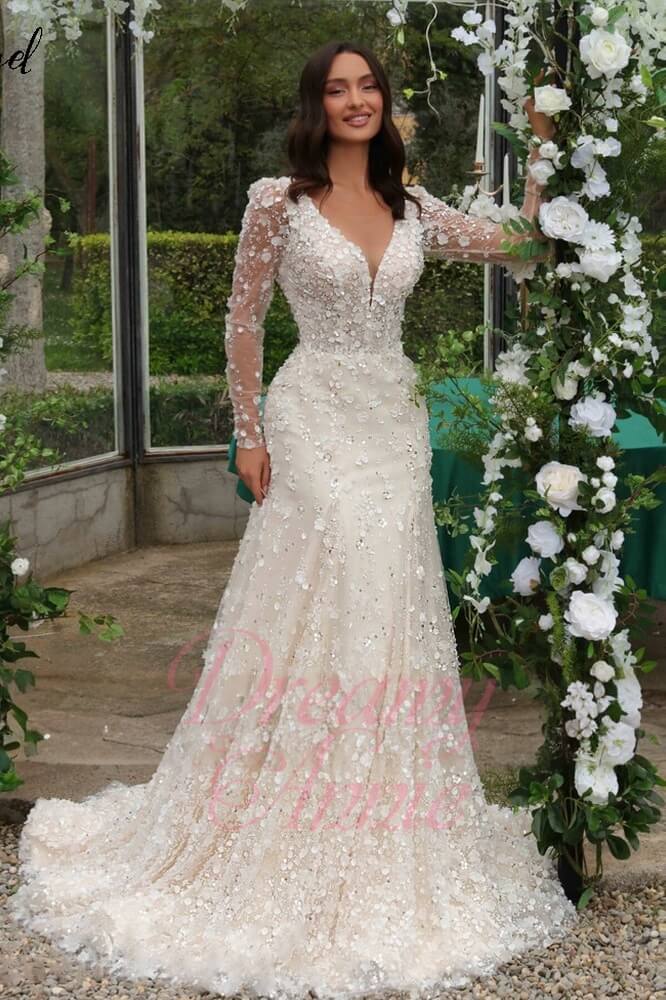 Long Sleeves Wedding Dress V Neck A Line Sequin Bridal Gown with Panel Train