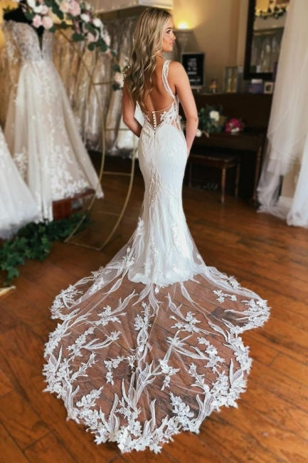 Long V Neck Wedding Dress Mermaid Sleeveless Bridal Gown With Lace