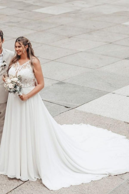 Long White Wedding Dress A Line Lace Chiffon Sleeveless Backless Bridal Gown