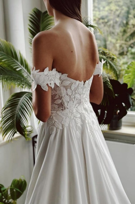 Long White Wedding Dress A Line Off The Shoulder Bridal Gown With Slit