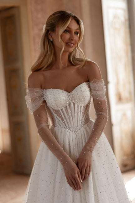Long White Wedding Dress A Line Off The Shoulder Tulle Rhinestones Pearls Bridal Gown