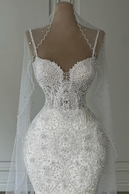 Long White Wedding Dress Mermaid Sweetheart Beaded Sleeveless Bridal Gown With Pearls