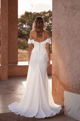 White Beach Wedding Dress Off The Shoulder A Line Sleeveless Bridal Gown With Slit
