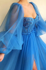 Long Sleeve Prom Dress Blue Sweetheart Tulle A Line Formal Dress with Slit