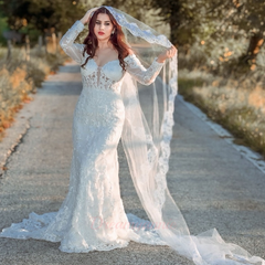 Mermaid Long Sleeve Wedding Dress Ivory Bridal Gown with Lace Appliques