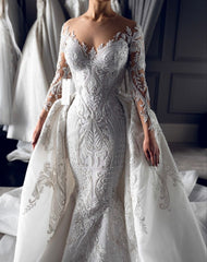Dreamyannie Long Sleeve Wedding Dress Ivory Mermaid Crew Neck Bridal Gown with Detachable Train