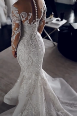 Dreamyannie Long Sleeve Wedding Dress Ivory Mermaid Crew Neck Bridal Gown with Detachable Train