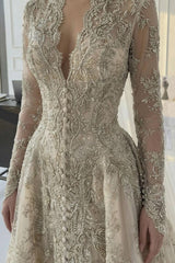 Luxurious A Line V Neck Champagne Long Party Dress With Appliques Lace Formal Evening Gown