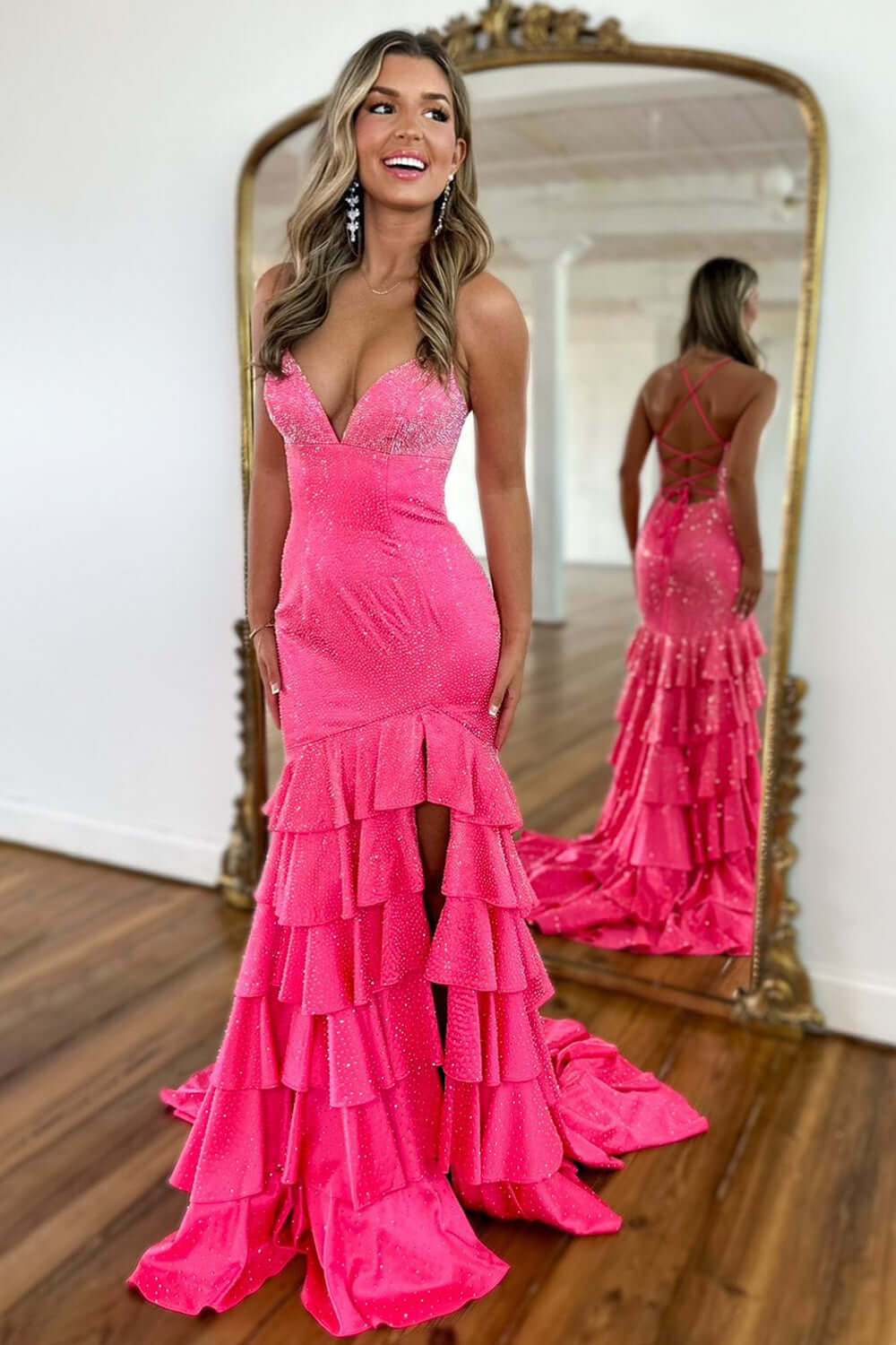 Beaded Black Prom Dress Ruffled Long Evening Dress With Slit