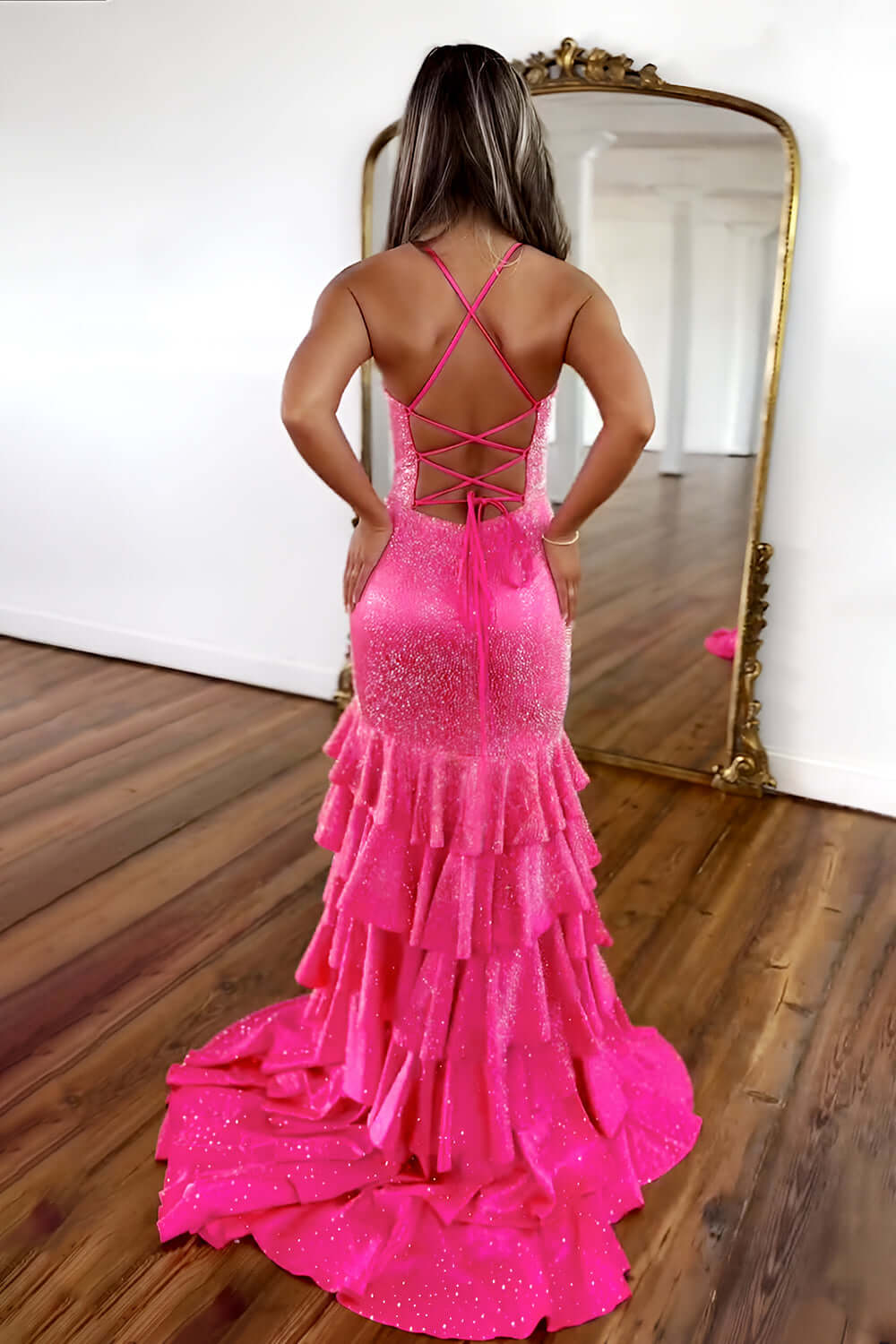Beaded Black Prom Dress Ruffled Long Evening Dress With Slit