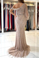 Luxurious Long Sleeve Beadings Prom Dress Long Mermaid Eevning Gowns With Slit