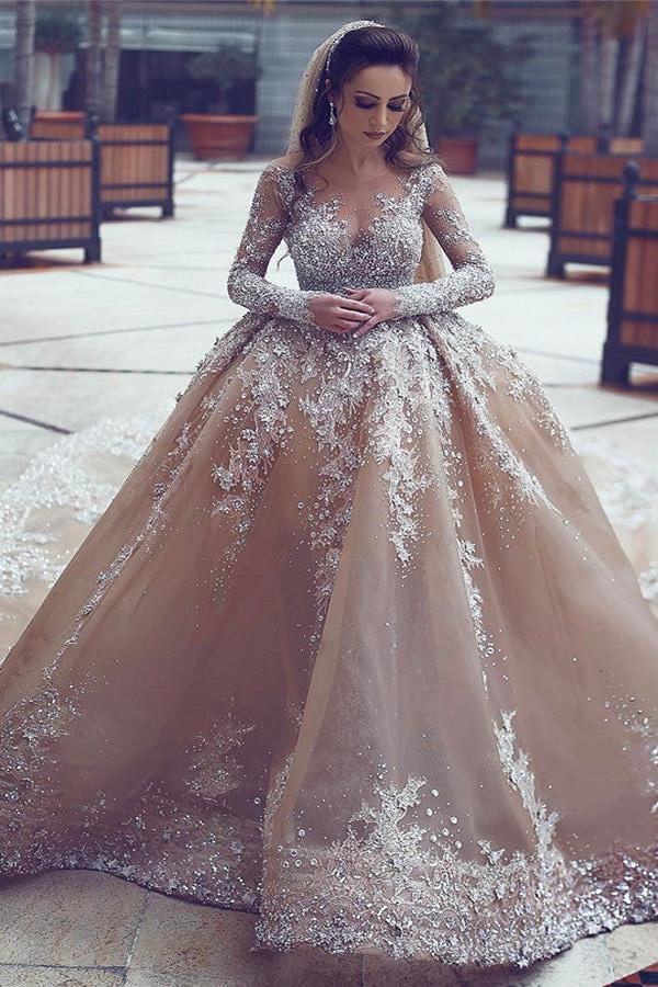 Luxurious Long Sleeves Beaded Ball Gown Appliques Wedding Dress