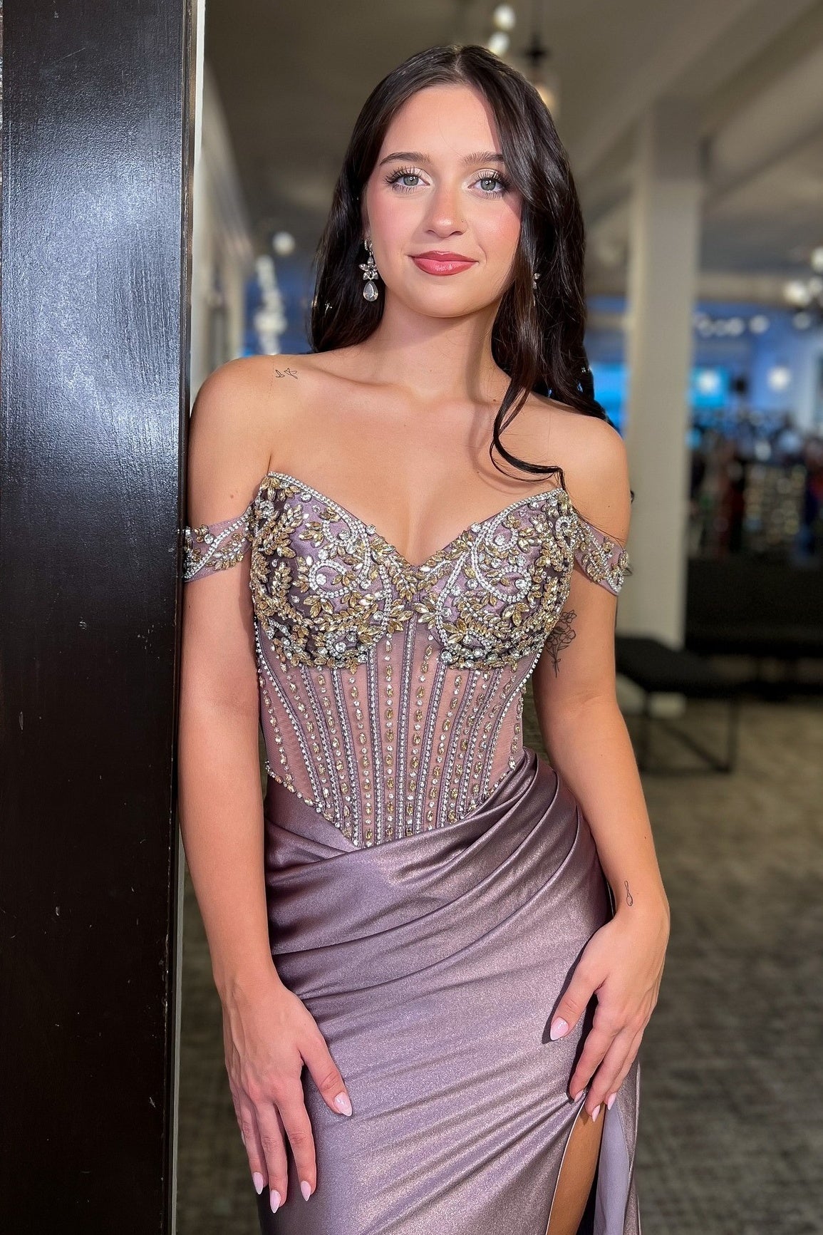 Luxurious Mermaid Off The Shoulder Grey Purple Corset Prom Dress With Beading Formal Evening Gown