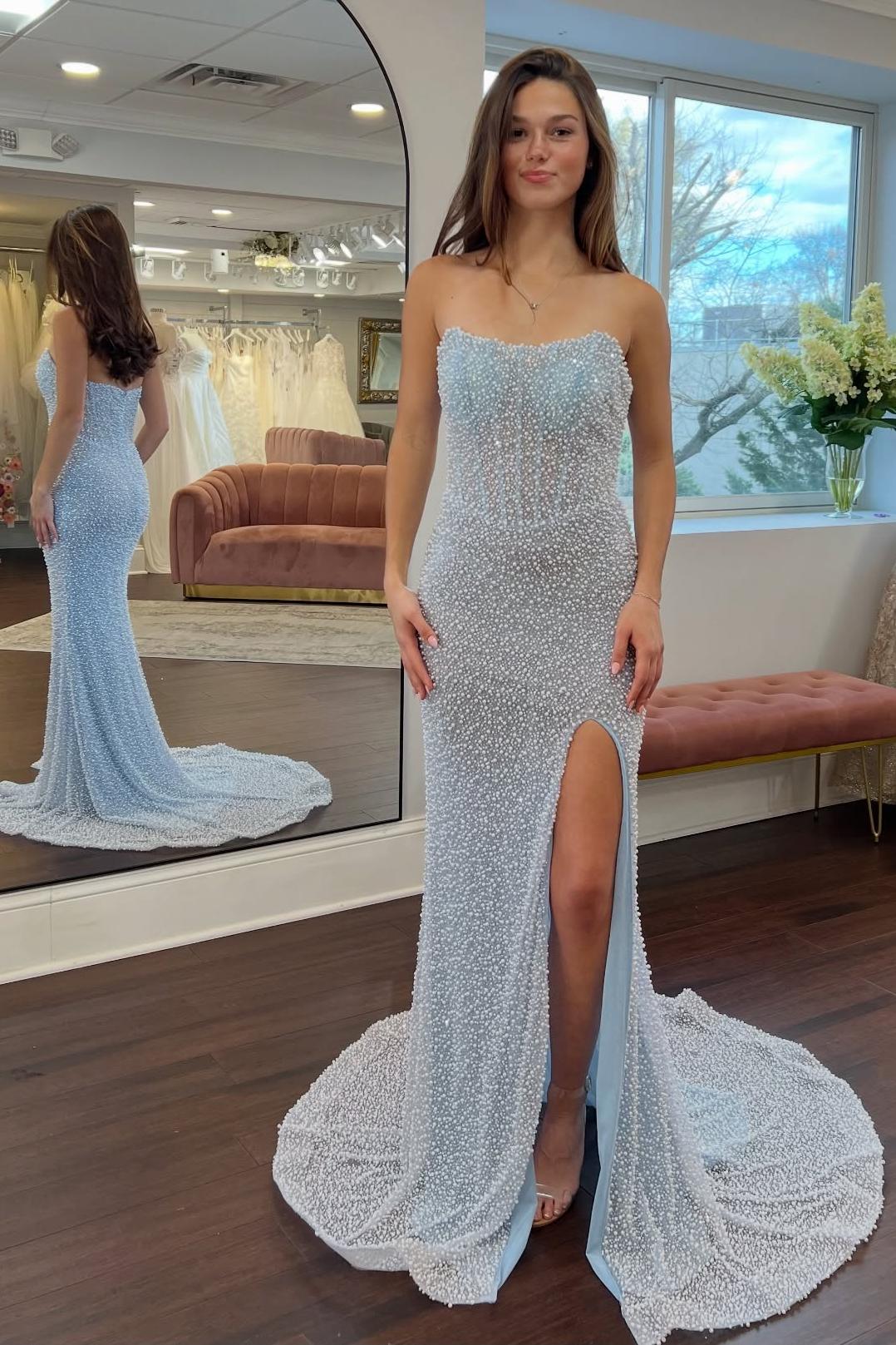 Dreamyannie Luxurious Mermaid Strapless Light Blue Corset Prom Dress With Pearls Split Front Formal Evening Gown