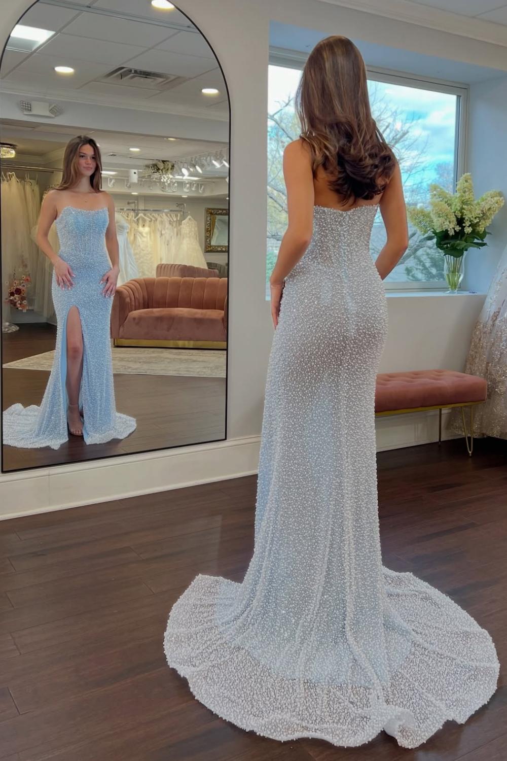 Dreamyannie Luxurious Mermaid Strapless Light Blue Corset Prom Dress With Pearls Split Front Formal Evening Gown