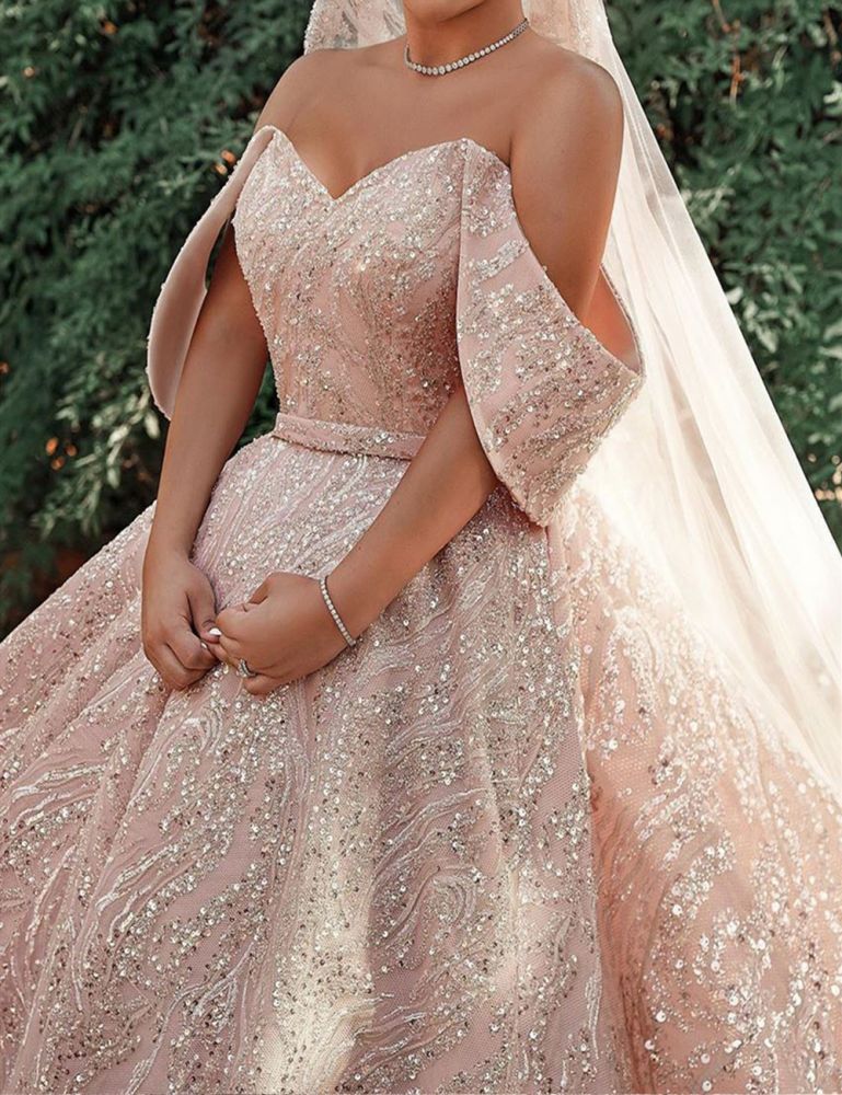 Luxurious Off The Shoulder Sequins Ball Gowns For Women A Line Satin Wedding Dress