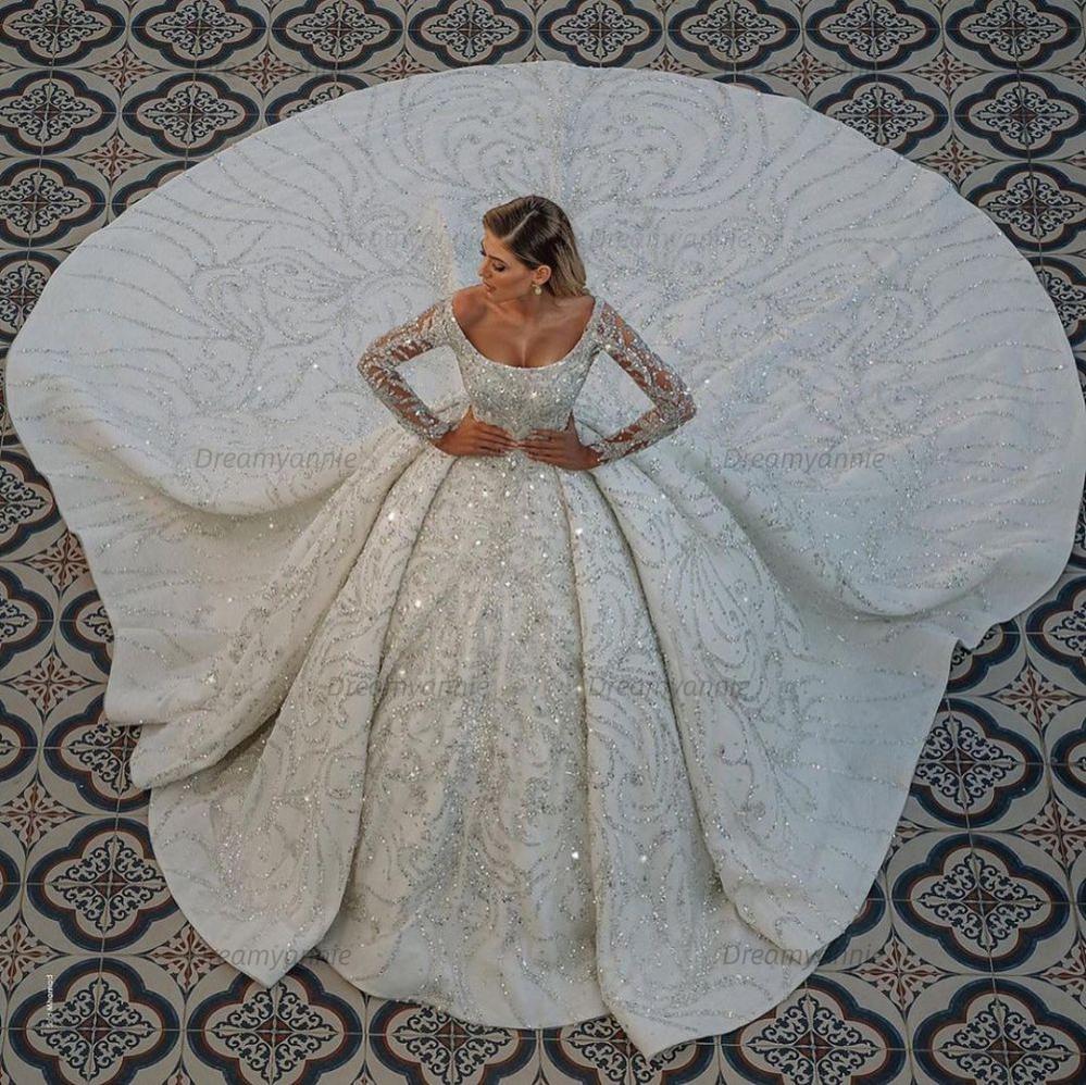 Dreamyannie Women Luxurious Scoop Neck Wedding Dress Ball Gown Long Sleeves Beaded Bridal Dress Dreamyannie UK Dreamyannie Women Luxurious Scoop Neck Wedding Dress Ball Gown Long Sleeves Beaded Bridal Dress Dreamyannie UK