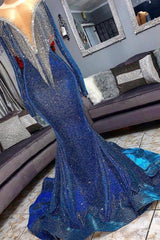 Luxurious Sequins Long Sleevess Mermaid Sheer Neckline Prom Dress