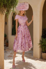 Luxurious V-Neck A-Line Princess Tea-Length Mother of the Bride Dresses with Bow & Embroidery