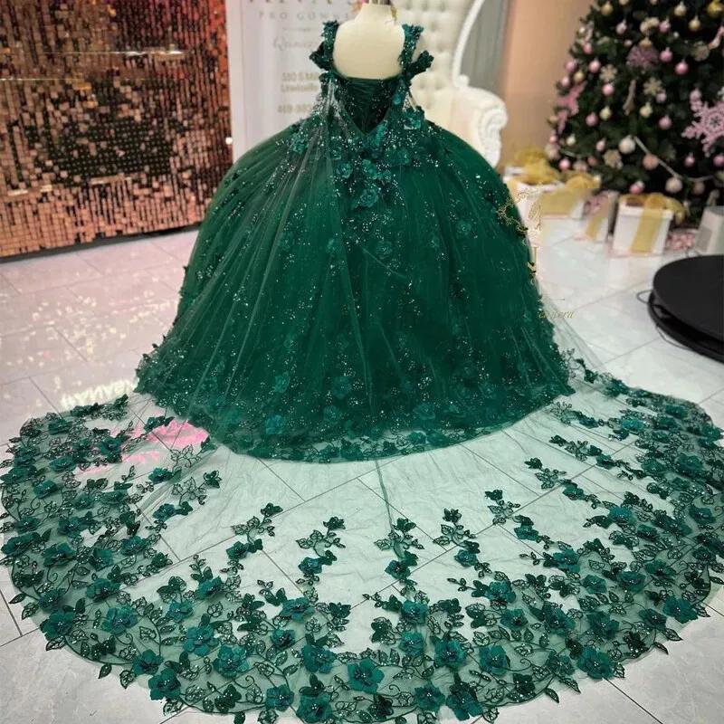 Dreamyannie UK Luxury Ball Gown Off Shoulder 3D Flower Appliques Beaded Emerald  Green Tulle Quinceanera Dress For Sweet 16 Wedding Party Gown