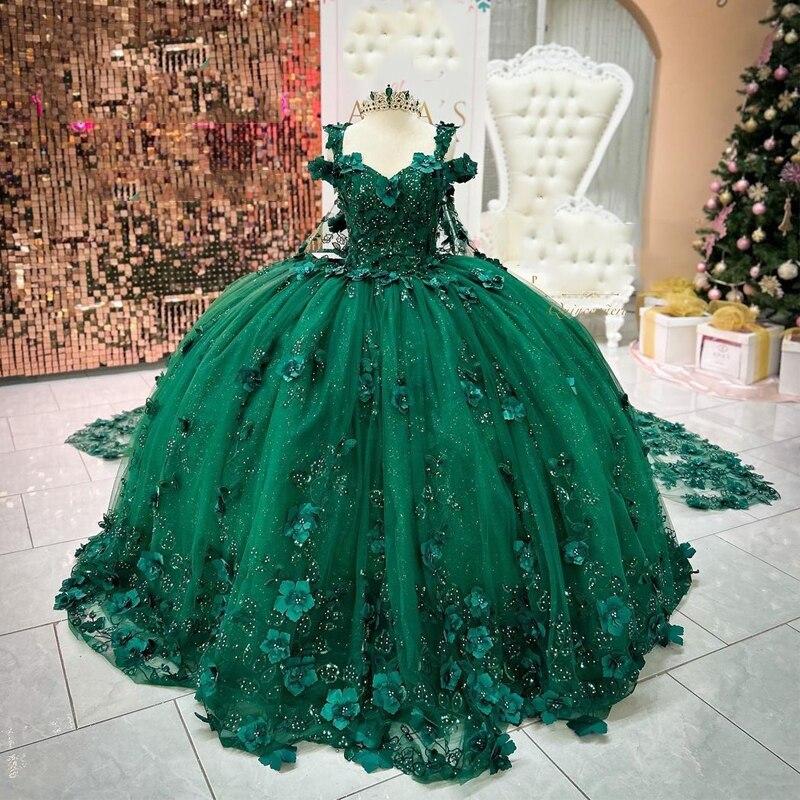 green emerald velvet dress Elegant & Luxury Ball Gown Off Shoulder Gold Appliques Emerald Green Tulle Princess Birthday Party Dress Quinceanera Dress for Sweet 16