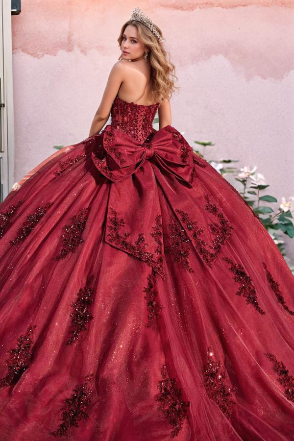 Luxury Ball Gown Off Shoulder Long Sleeves Flower Beaded Appliques Bow Knot Burgundy Tulle Quinceanera Dress Formal Party Gown For Sweet 16