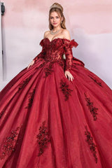 Luxury Ball Gown Off Shoulder Long Sleeves Flower Beaded Appliques Bow Knot Burgundy Tulle Quinceanera Dress Formal Party Gown For Sweet 16