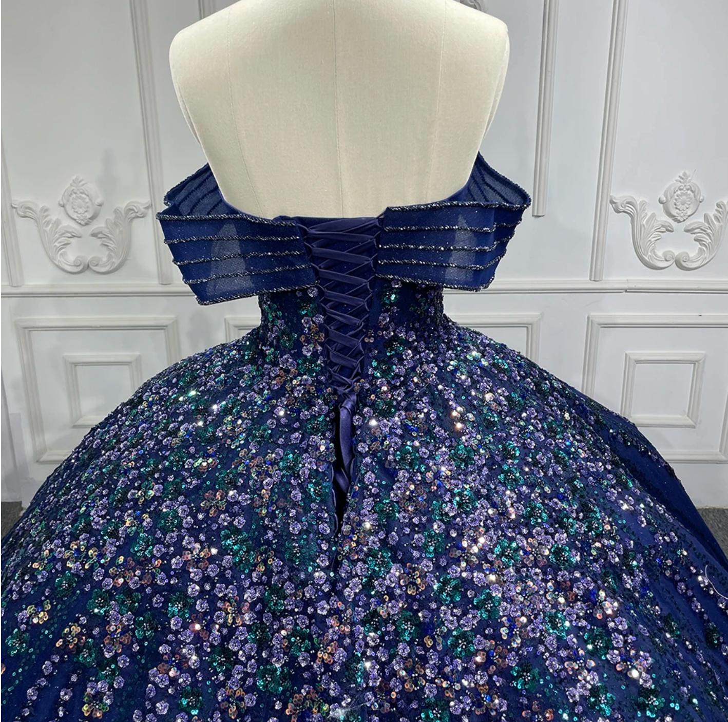 Luxury Blue Quinceanera Dress Shiny Sequins Ball Gown Birthday Party Sweet 16 Dress