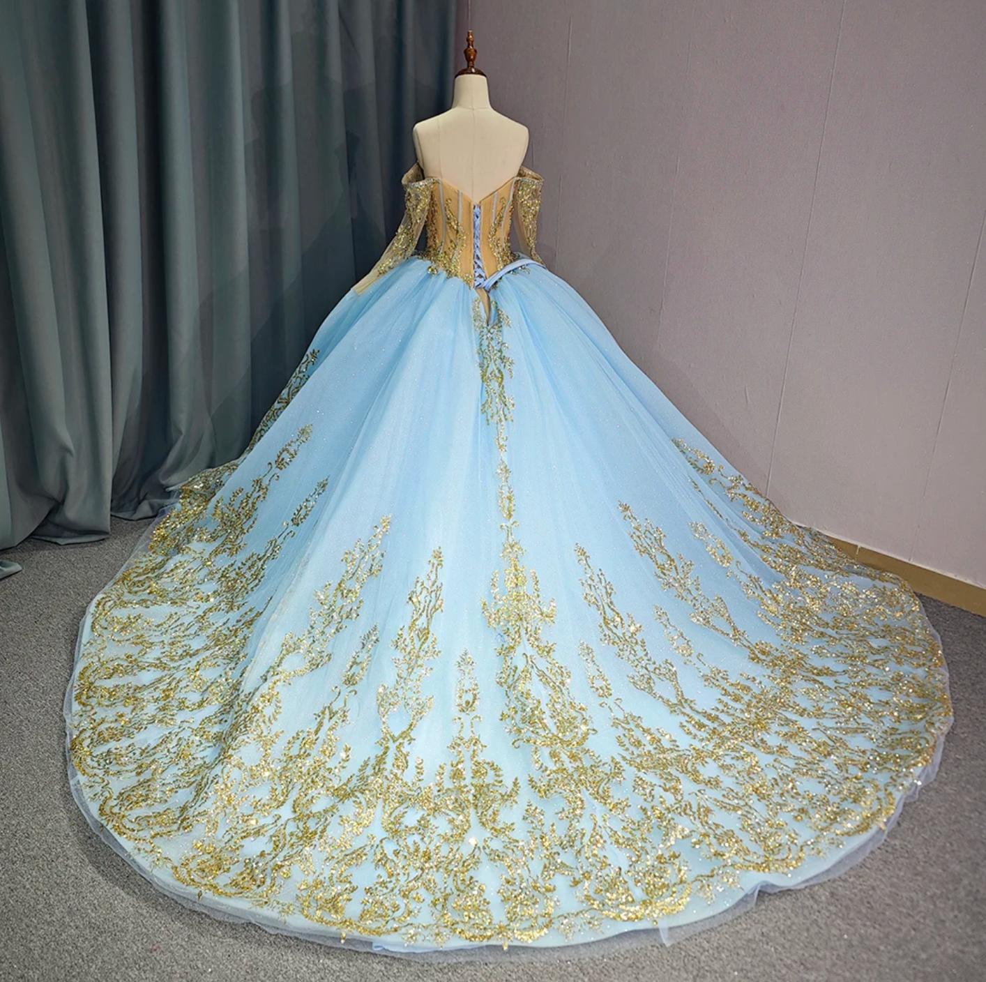 Luxury Blue Quinceanera Dress Tulle Ball Gown Birthday Party Sweet 16 Dress