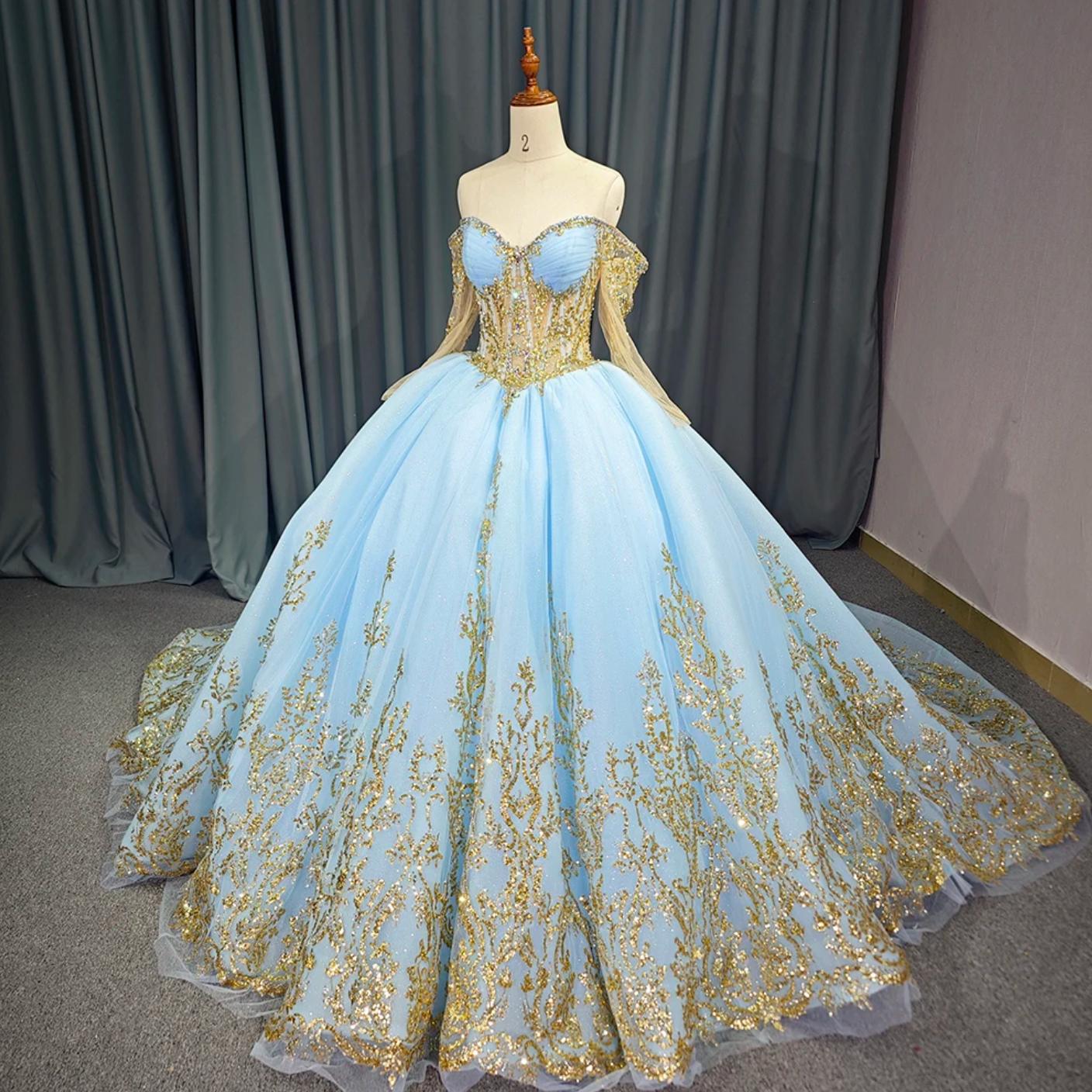 Luxury Blue Quinceanera Dress Tulle Ball Gown Birthday Party Sweet 16 Dress