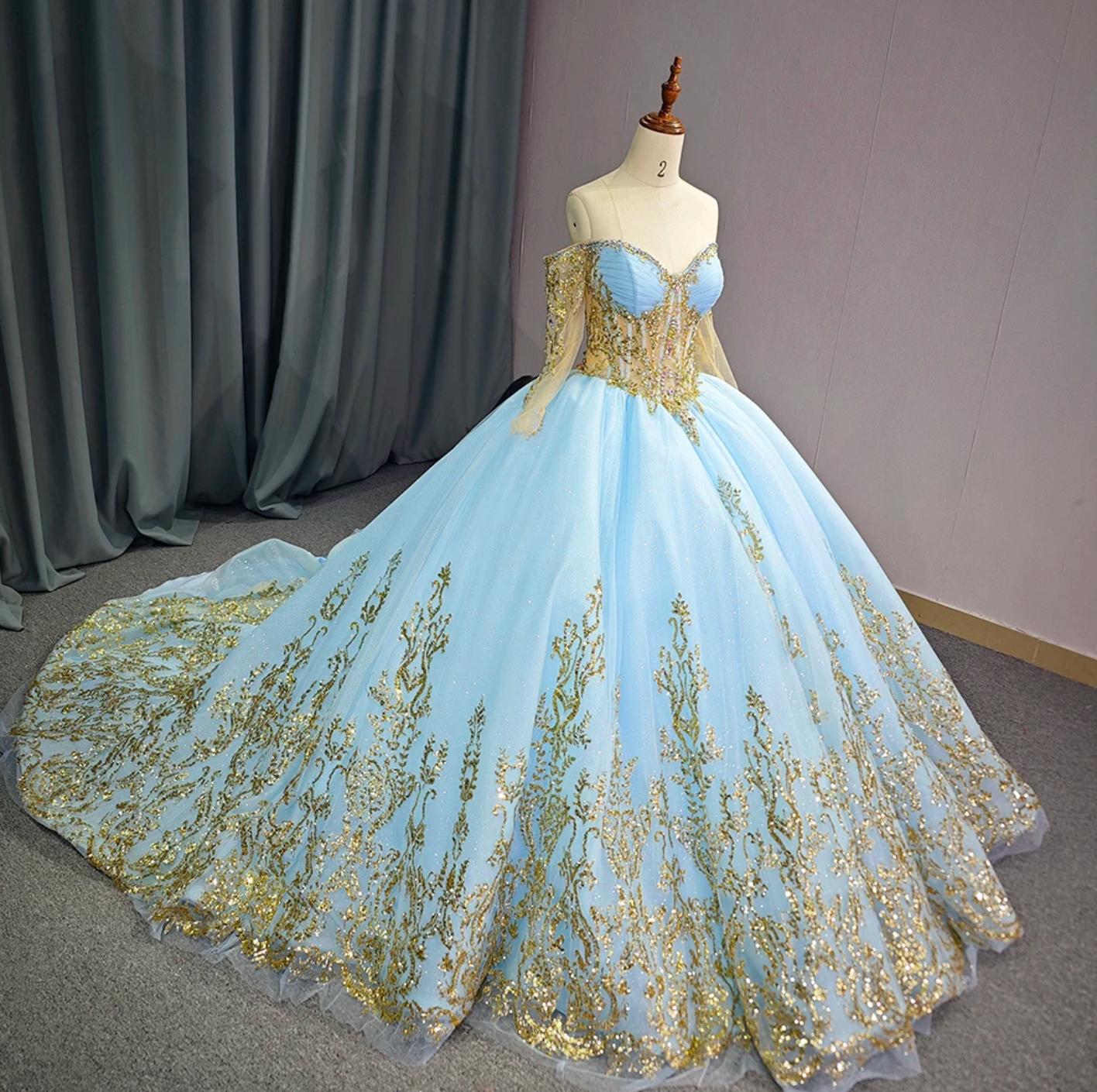 Luxury Blue Quinceanera Dress Tulle Ball Gown Birthday Party Sweet 16 Dress