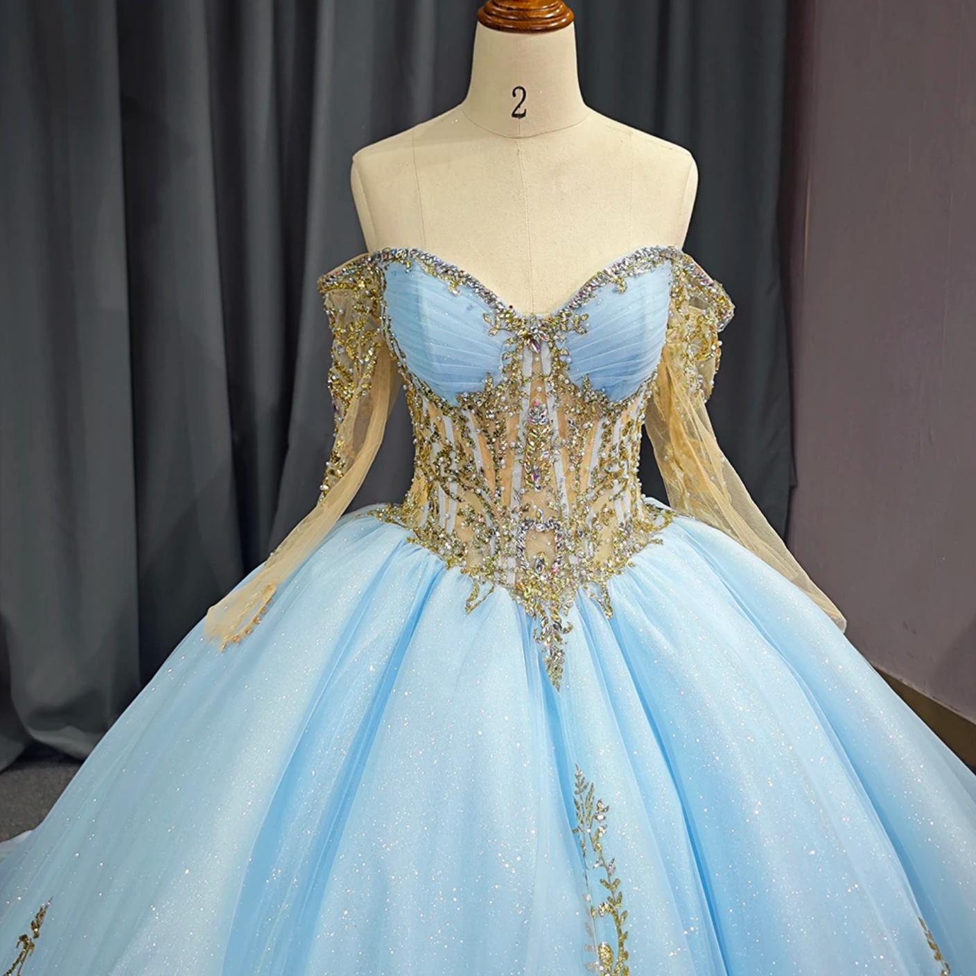 Luxury Blue Quinceanera Dress Tulle Ball Gown Birthday Party Sweet 16 Dress