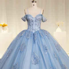 Luxury Bule Mexican Quinceanera Dress Sequins Off The Shoulder Lace Beads Sweet 16 Party Dress