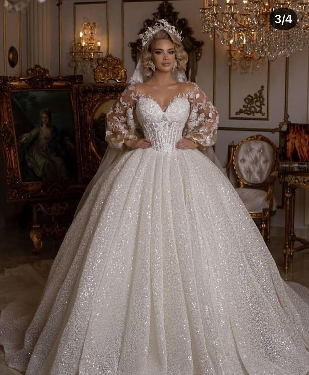 Luxury Long Ball Gown Puffy Sleeves Wedding Dress with and Appliques