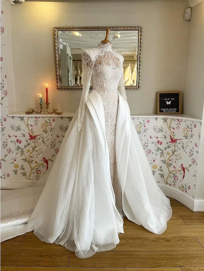 Dreamyannie Luxury Long Sleeve Wedding Dress Beaded Mermaid High Neck Bridal Gown with Detachable Train