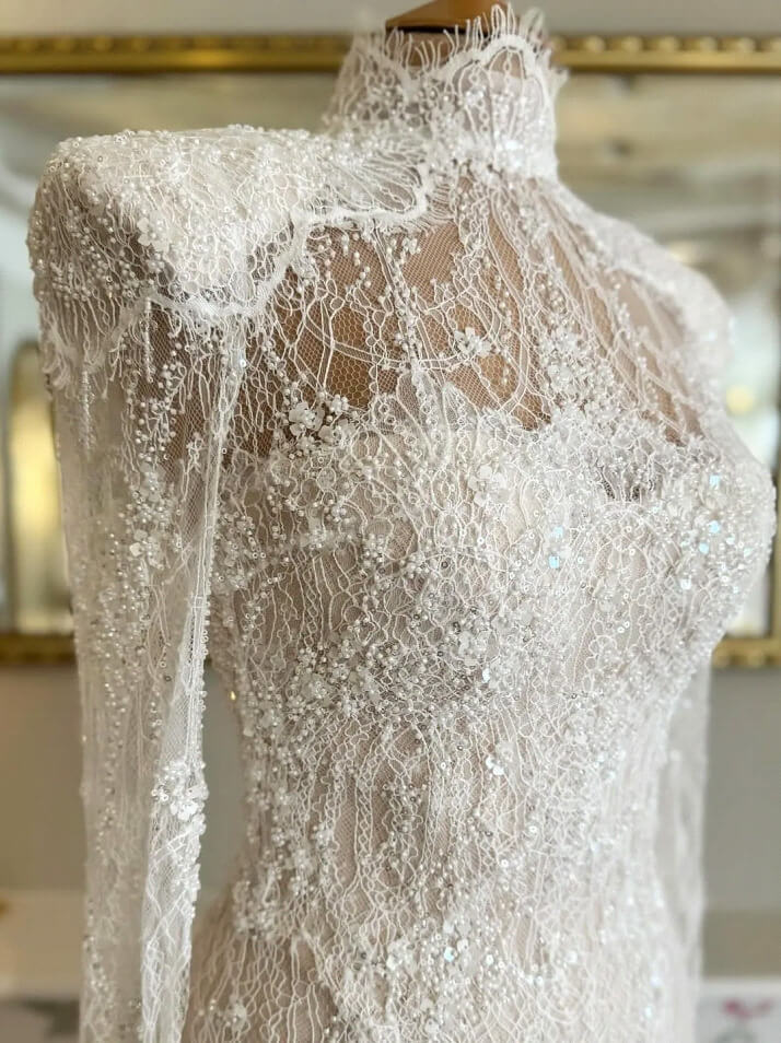 Dreamyannie Luxury Long Sleeve Wedding Dress Beaded Mermaid High Neck Bridal Gown with Detachable Train