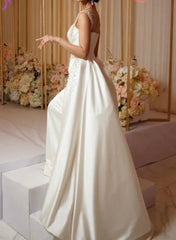 Luxury Satin Wedding Dress Beaded One Shoulder Bridal Dress with Panel Train
