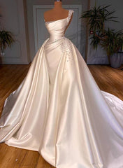 Luxury Satin Wedding Dress Beaded One Shoulder Bridal Dress with Panel Train