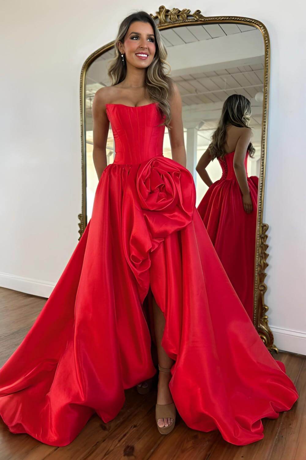 Pink A Line Satin Strapless Long Corset Prom Dress With 3D Flower