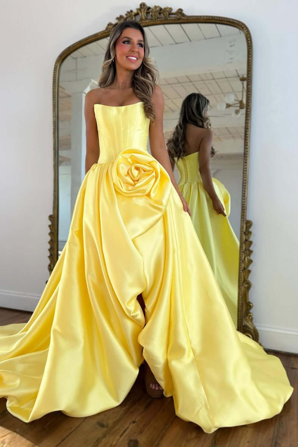 Pink A Line Satin Strapless Long Corset Prom Dress With 3D Flower
