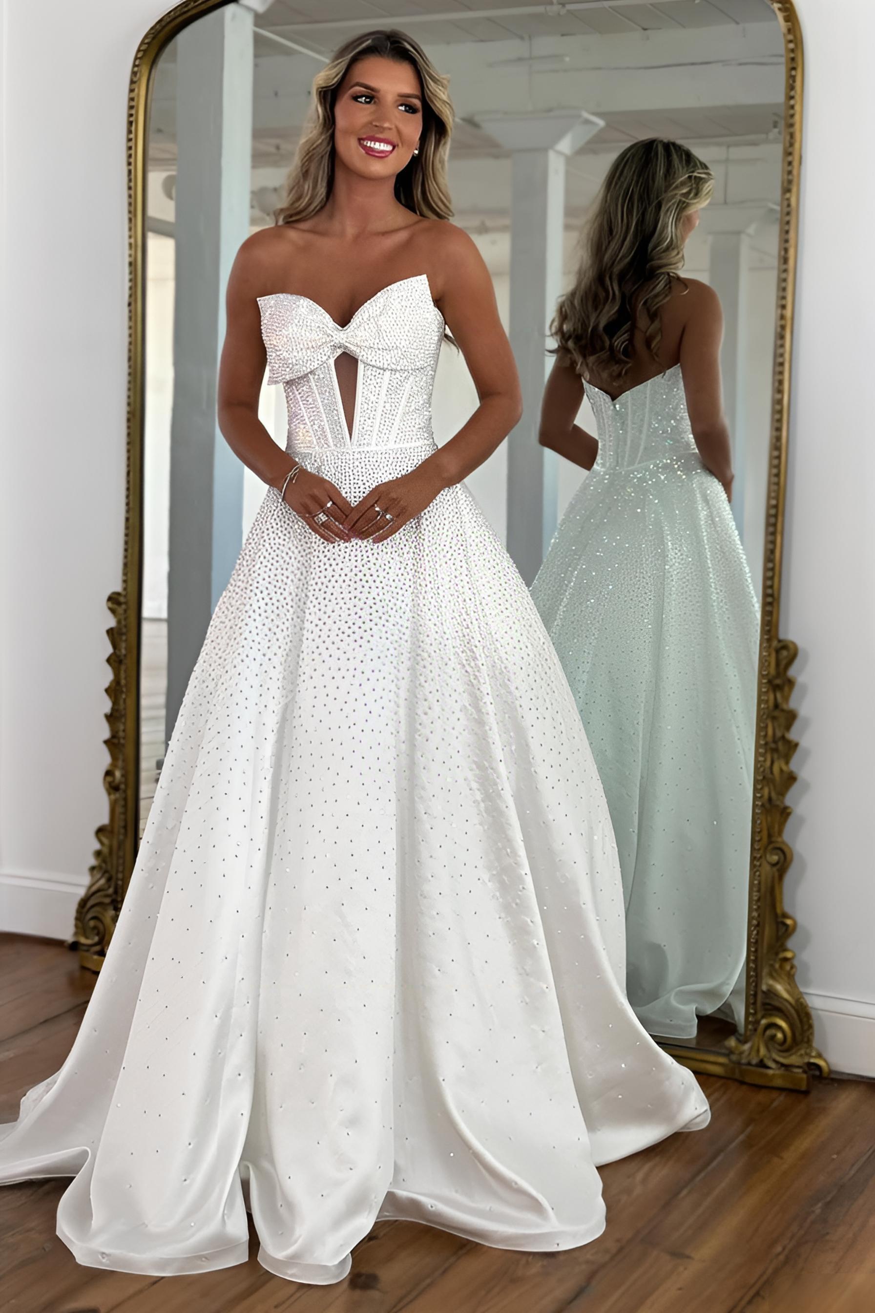 Luxury White Beaded Prom Dress With Structured Corset Bodice And Bow Front Formal Evening Gown