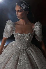 Dreamyannie Luxury Short Sleeve Wedding Dress Ball Gown Square Neck Bridal Gown with Beadings and Rhinestones