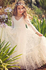 Lace V Neck Long Sleeve Princess Flower Girl Dress