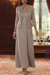 2 Pieces A-Line/Princess Square Collar Chiffon Mother of the Bride Dresses with Jacket Lace Ankle-Length 3/4 Sleeves