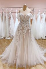 Ivory Tulle Lace Wedding Dress Off the Shoulder A-Line Bridal Dress with Sweep Train