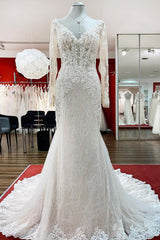 Ivory Tulle Lace Wedding Dress Mermaid Long Sleeves Bridal Dress with Sweep Train