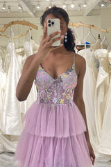 Mauve Prom Dress A Line Appliques Long Corset Tiered Evening Dress With Slit
