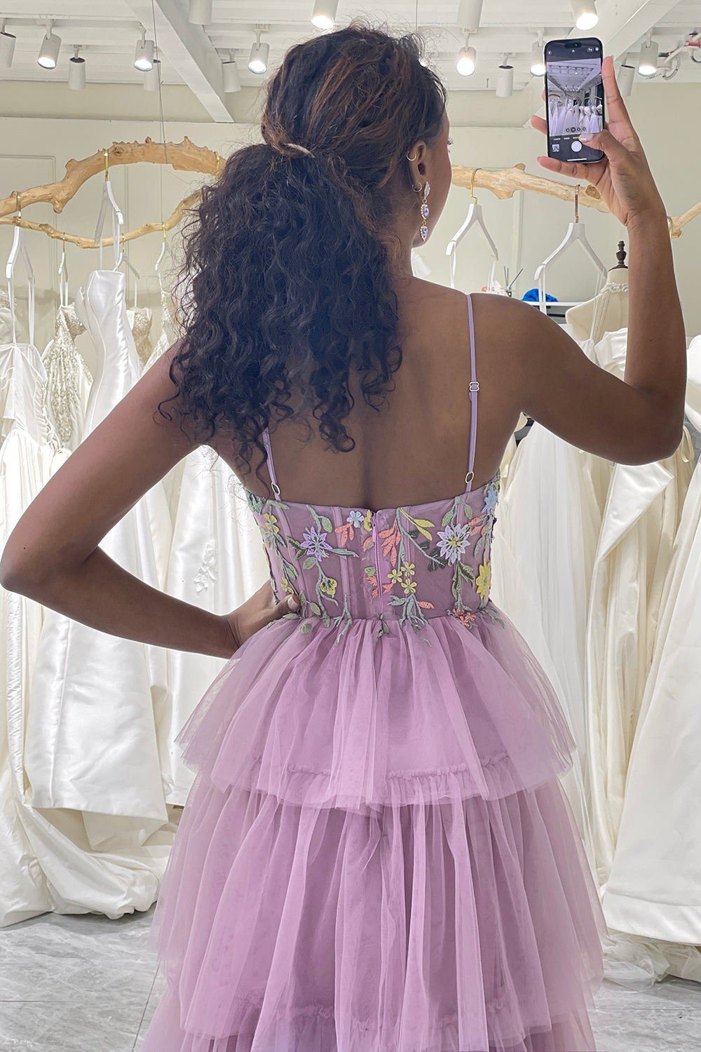 Mauve Prom Dress A Line Appliques Long Corset Tiered Evening Dress With Slit